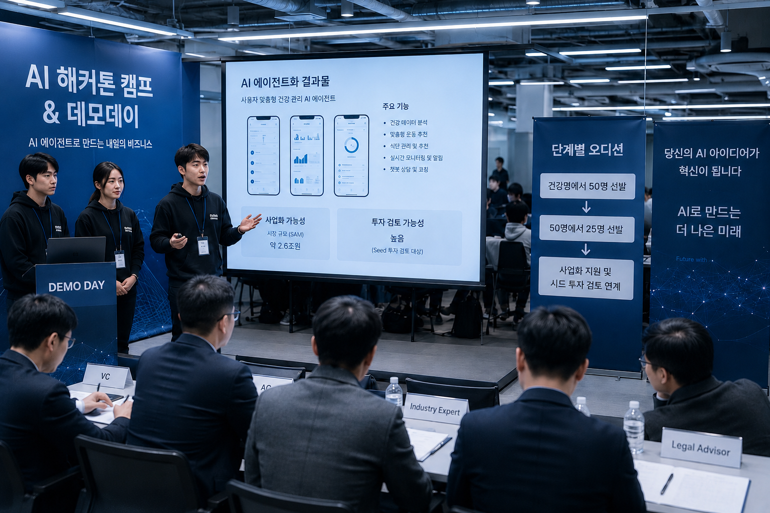 단계별 오디션과 데모데이 평가 장면